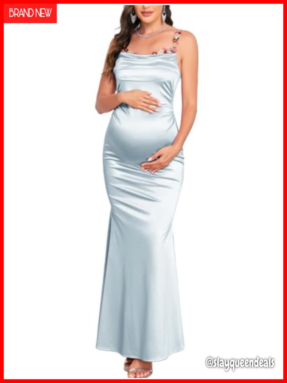 Satin Maternity Maxi Dress Mermaid Ruched Spaghetti Strap Floral Gown